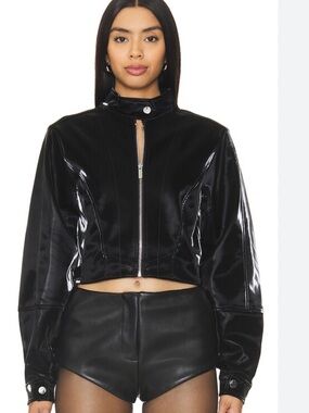 WeWoreWhat Black Faux Patent Leather Cropped Jacket